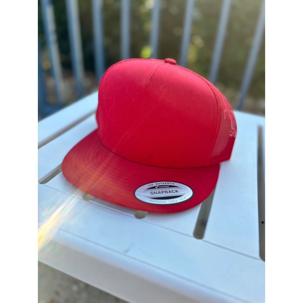 Yupoong The Authentic Snapback Trucker Hat Red Mesh Back Flat Bill Cap Blank